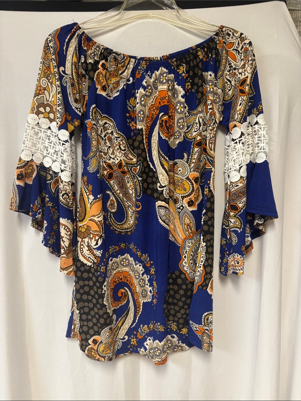 Paisley Off-Shoulder Blouse with Ruffled 3/4 Sleeves
